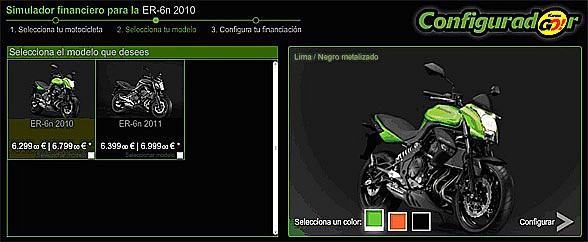 Configurador y tarificador de motos Kawasaki: selección de modelo y color