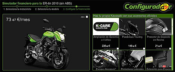 Configurador online motos Kawasaki: accesorios para ER-6n