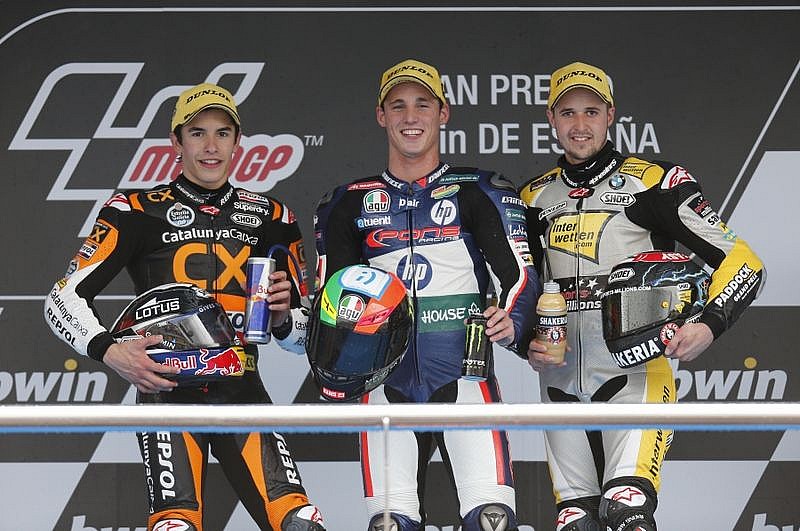 Podio de Marc Márquez, Pol Espargaró y Thomas Luthi en el podio del Gran Premio de Jerez 2012