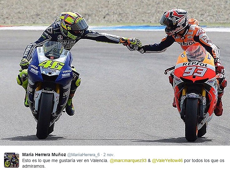 Tweet de Maria Herrera a Marc Márquez y Valentino Rossi.