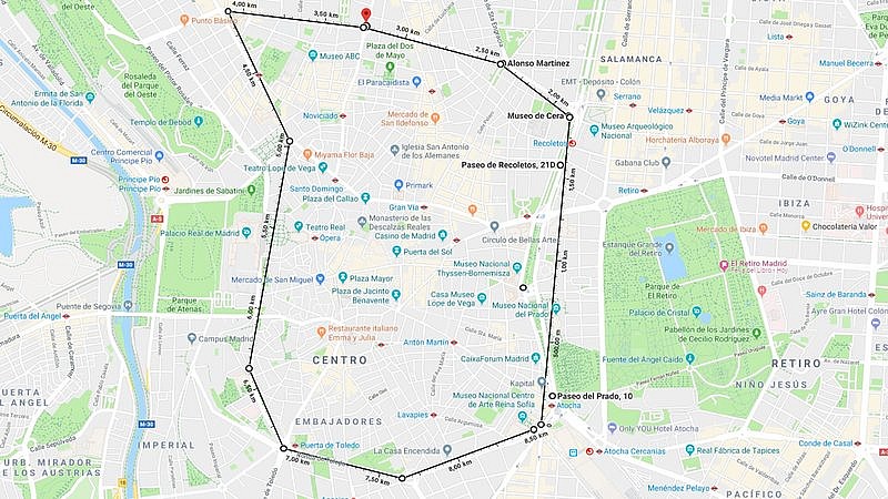 Plano de la zona central de Madrid con tráfico limitado