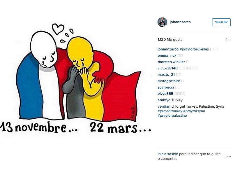 Post de Johann Zarco en apoyo a las víctimas de Bruselas