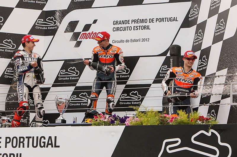 Pódium de MotoGP GP Portugal 2012: Casey Stoner, Dani Pedrosa y Jorge Lorenzo 
