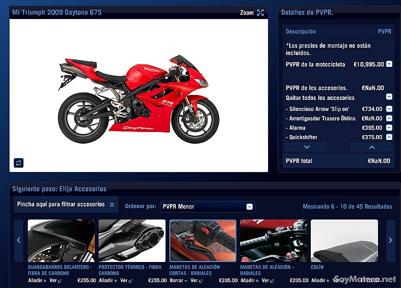 Create My Triumph: Configuración de acceosrios y precios de motos Triumph