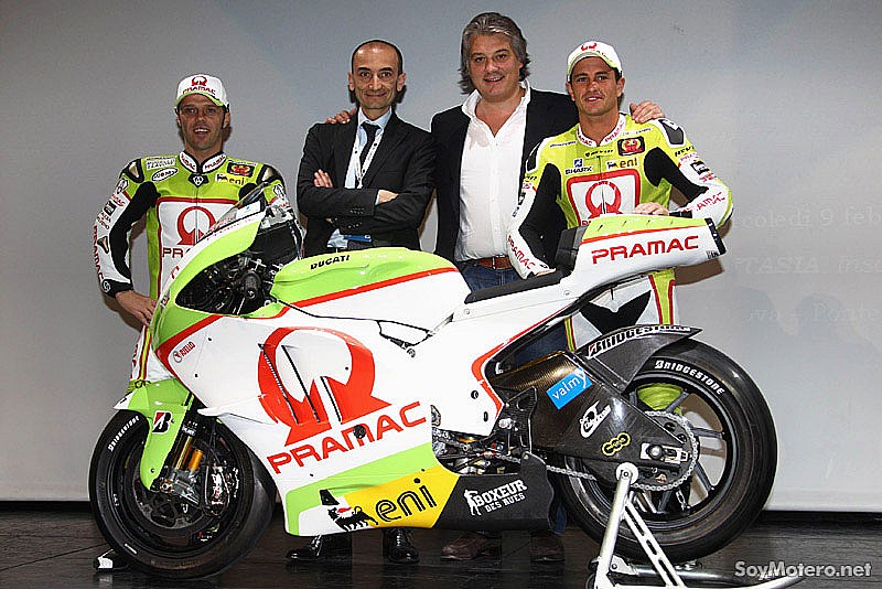 Loris Capirossi, Claudio Domenicali, Paolo Campinoti y Randy de Puniet, presentación Pramac Racing Team 2011