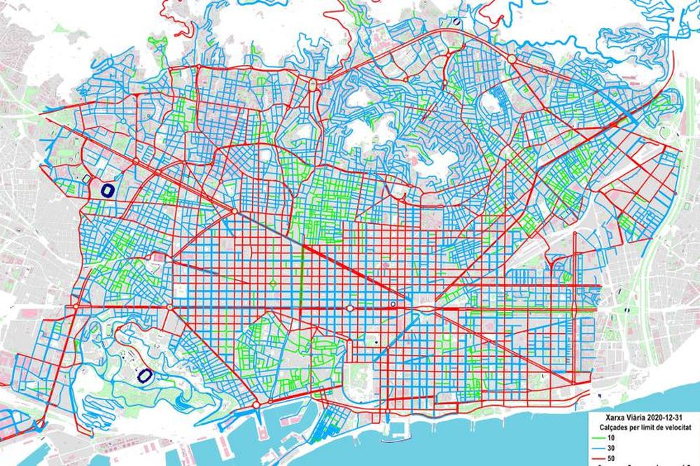 Plano de Barcelona con zonas de 10, 30 y 50 km/h
