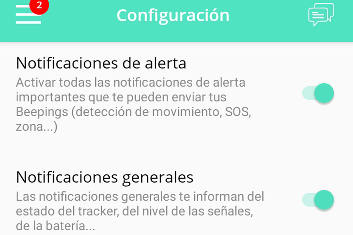 Menú "Configuración" de la APP del localizador GPS Beepings ZEN2