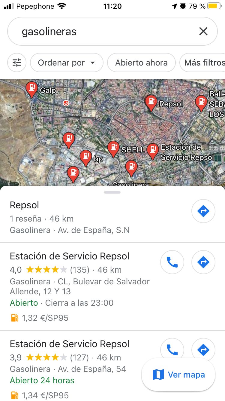 Con el listado podemos ver el precio de la SP95 y la distancia