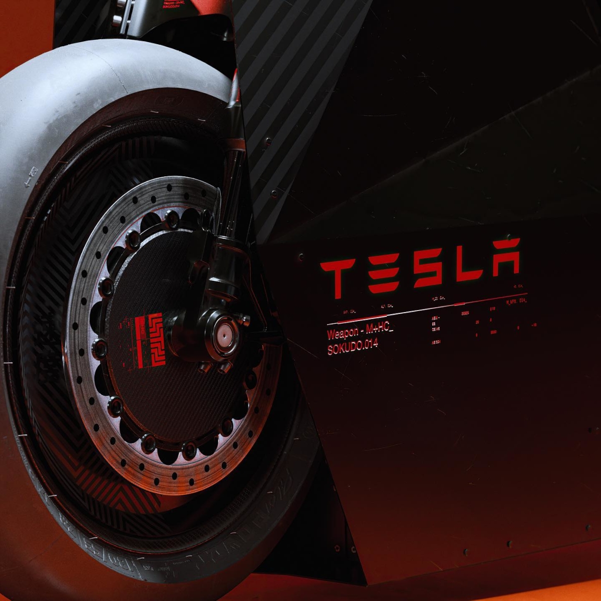 Detalle de la rueda delantera de la moto eléctrica de Tesla, la Sokudo