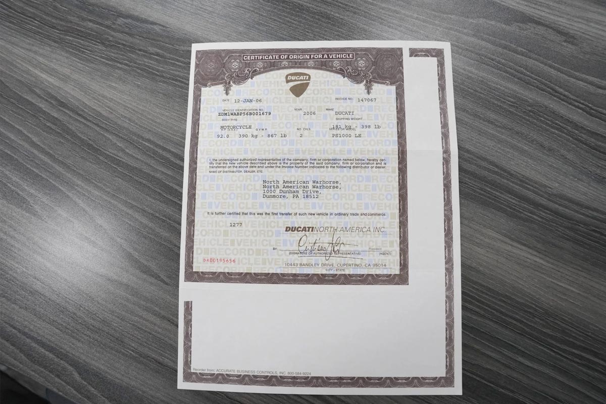 Certificado de autenticidad de la moto