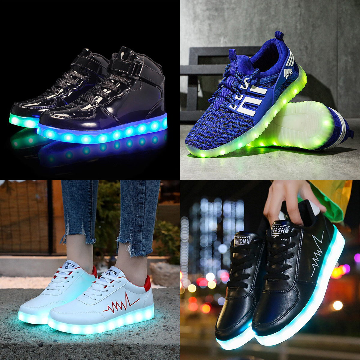 Varios ejemplos de calzado con luces Full LED que permitirá la DGT