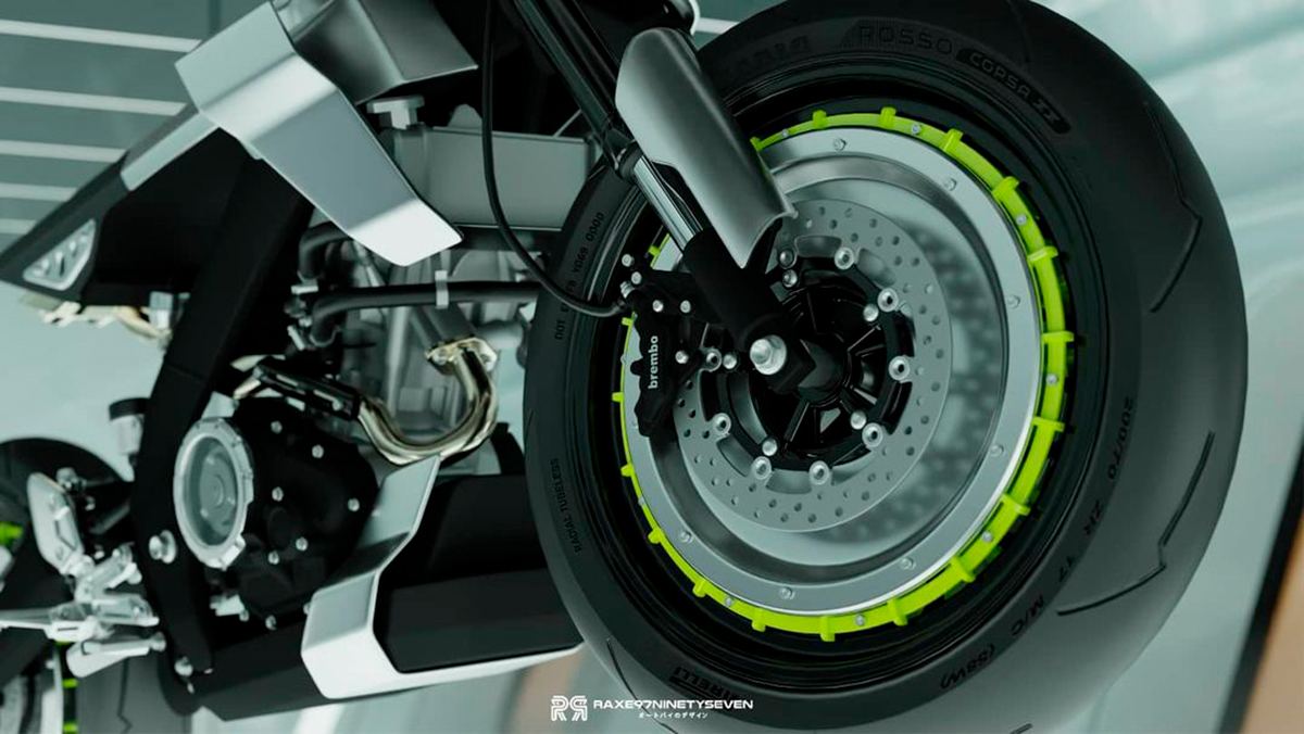 Detalle de la rueda delantera de la nueva custom Yamaha XSR155 Modern Flattracker
