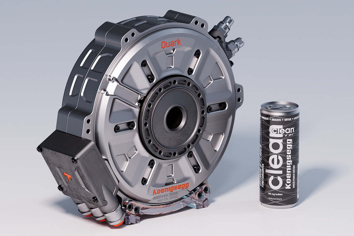 El nuevo motor eléctrico de Koenigsegg, el Quark, comparado con el tamaño de una lata de refresco