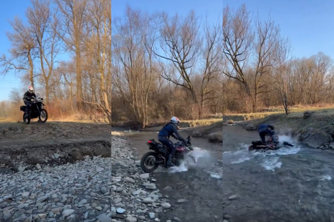 ¿Cómo cruzar un río con una moto trail? Así no…