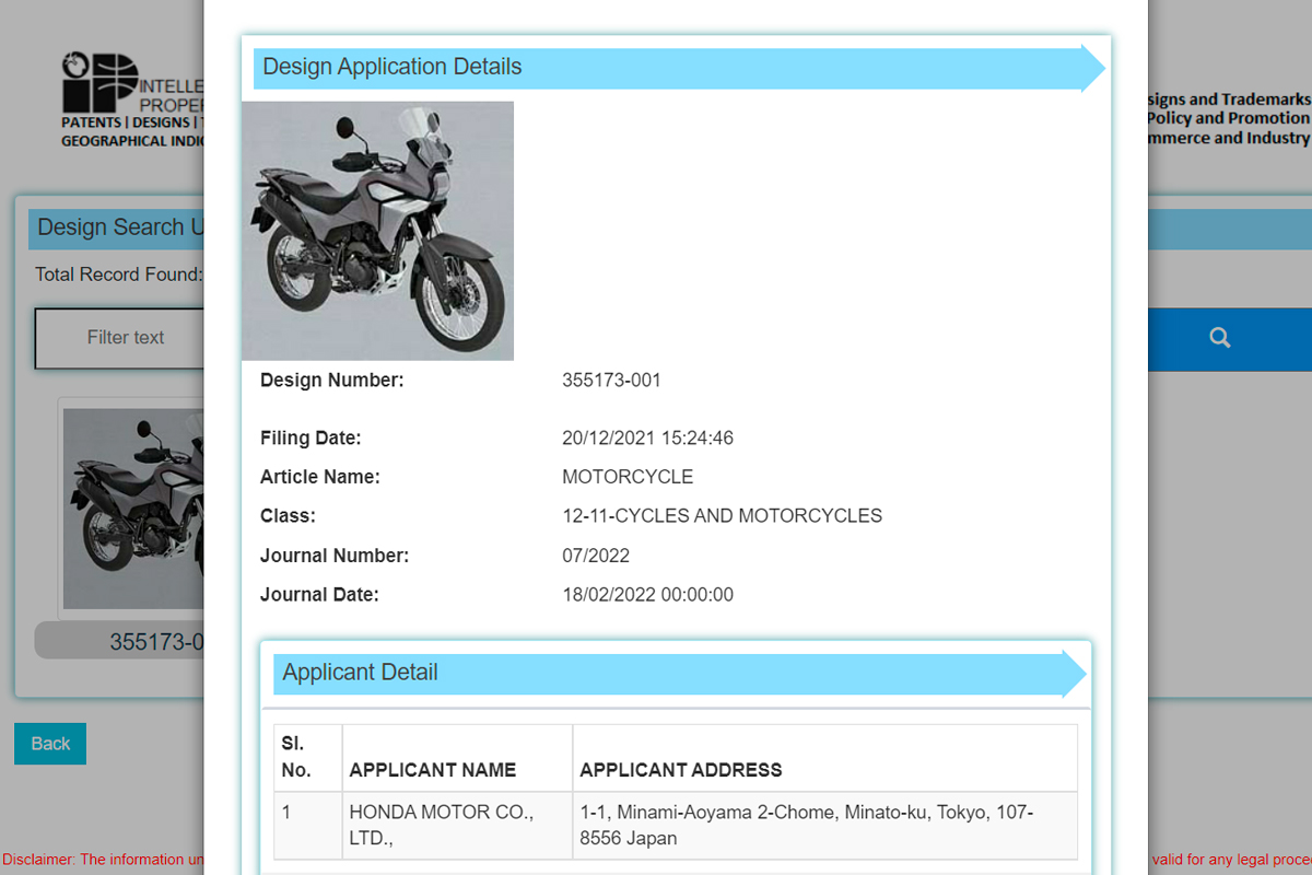 La patente india de la nueva Honda CRF190L, estilo Africa Twin