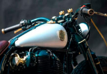 Detalle del lateral de esta Royal Enfield bobber customizada por Rajputana Customs en India