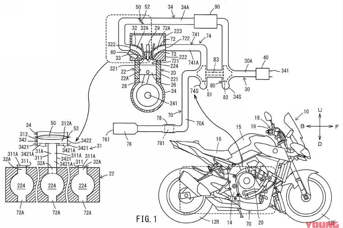 Esquema de patente de Yamaha 3 cilindros turbo