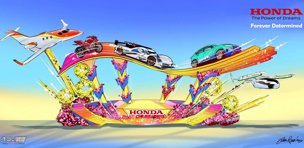 Boceto de la carroza de Honda bajo el lema "Forever Determined"