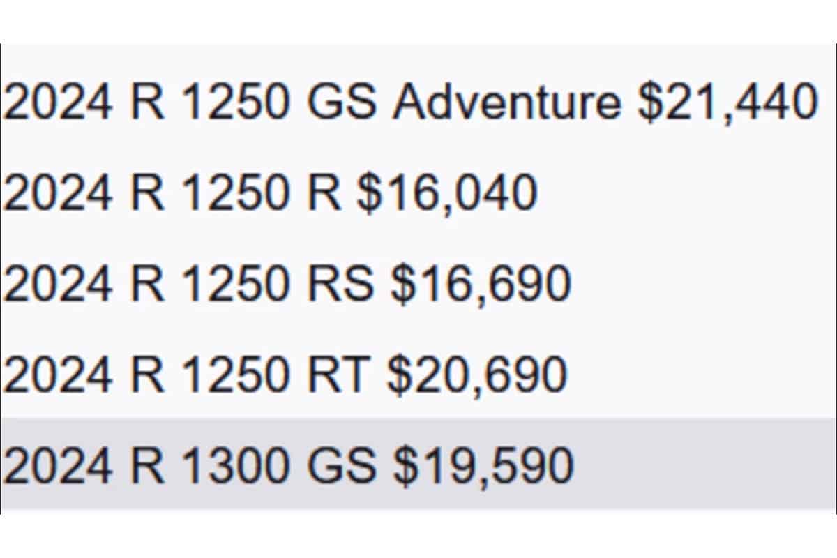 En el error se ve el precio de la R 1300 GS con el resto de la gama