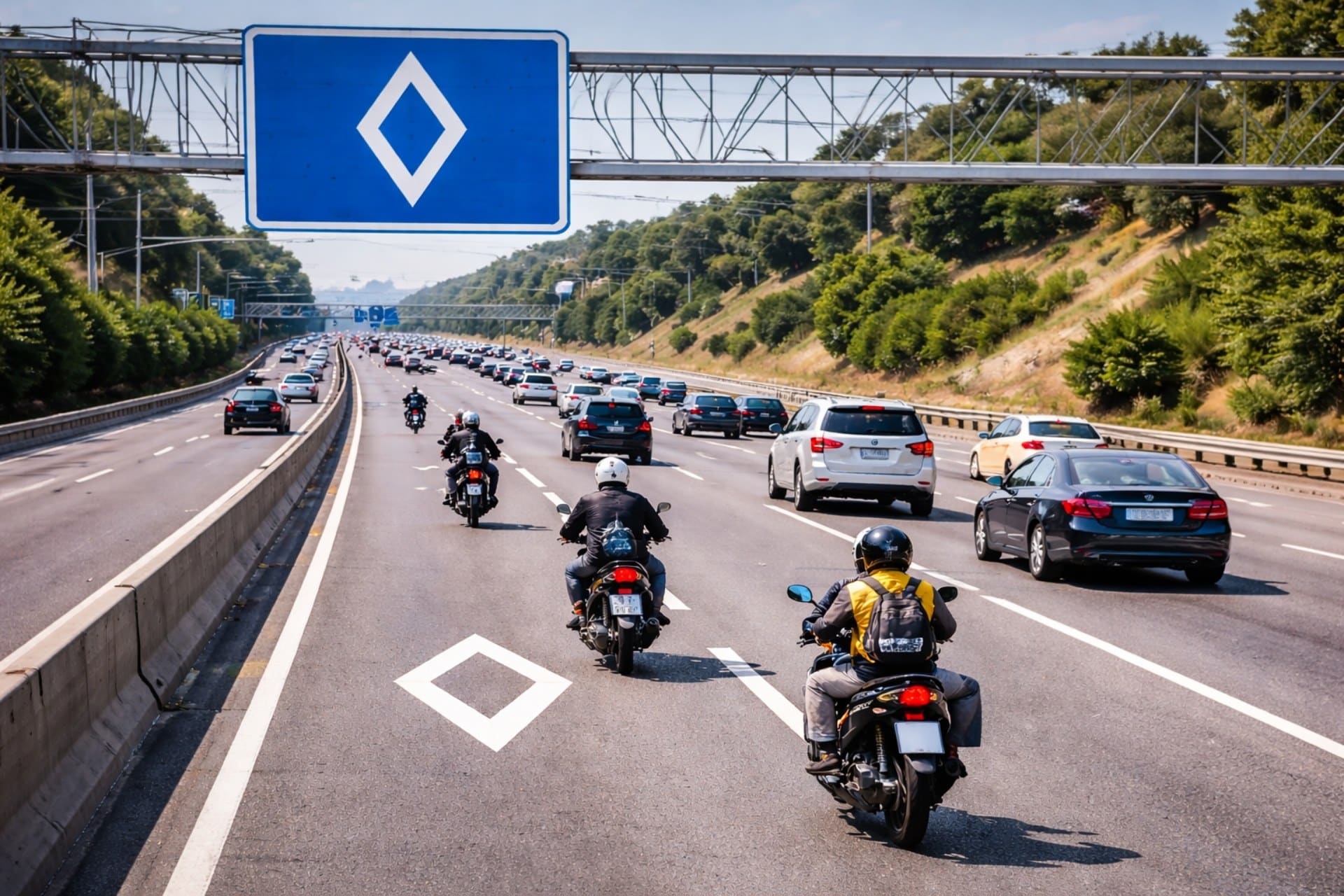 Señal rombo blanco sobre fondo azul motos